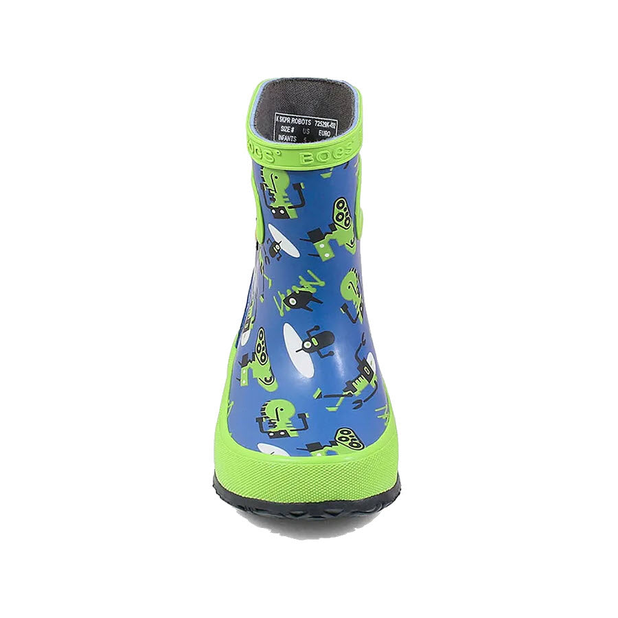 A colorful child&#39;s rain boot with playful monster pattern and pull-on handles, like the BOGS SKIPPER SPARSE GEO NAVY MULTI - TODDLERS from Bogs.