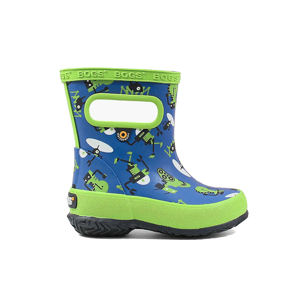 A colorful child&#39;s waterproof rain boot with a pattern of robots and gears on a white background, featuring pull-on handles. Check out the BOGS SKIPPER SPARSE GEO NAVY MULTI - TODDLERS by Bogs.