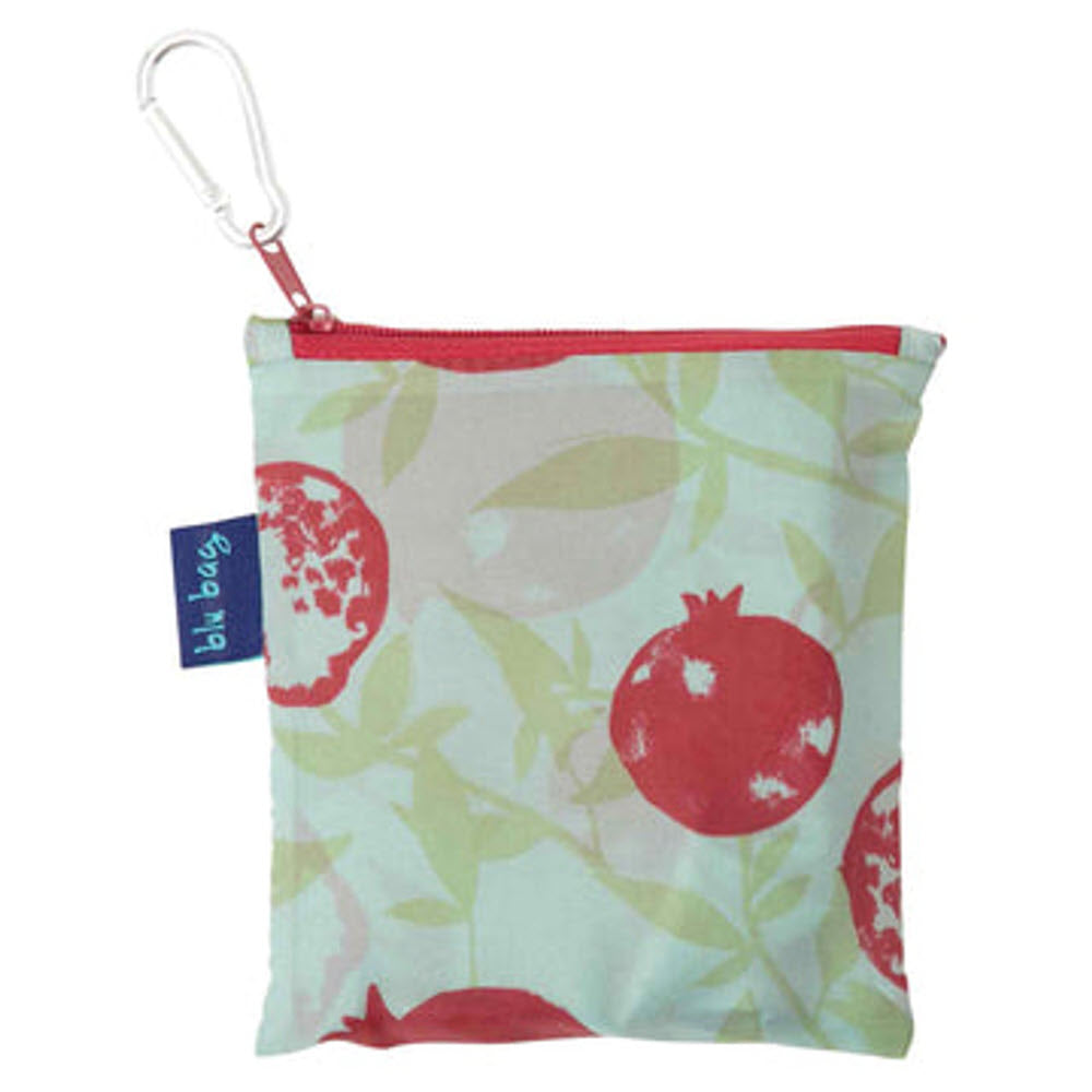 Small fabric pouch with a reusable Rockflowerpaper BLU BAG POMEGRANATES and green leaf pattern, featuring a red zipper and a metal clasp attached to the side.