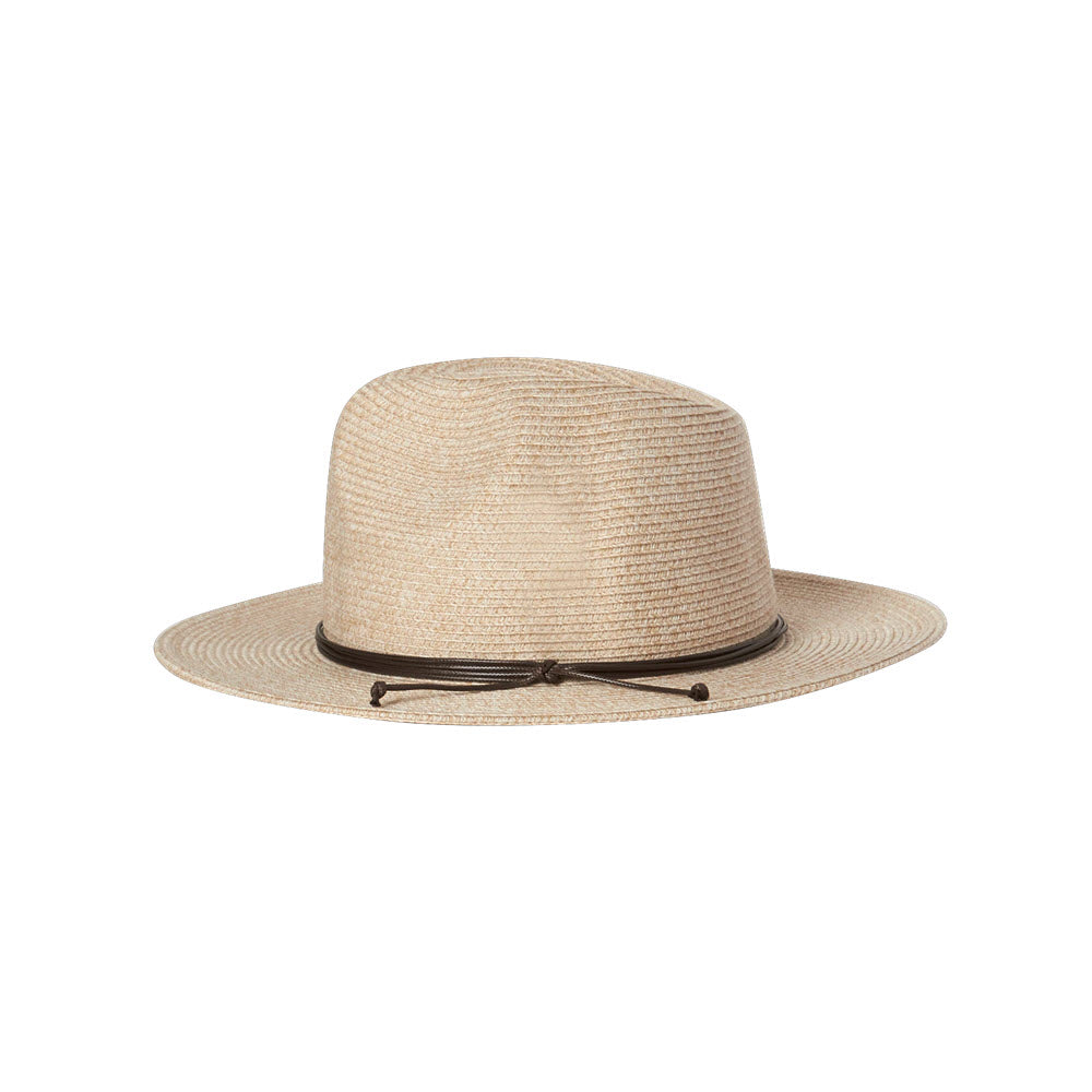 A rustic KOORINGAL BRIANNA SAFARI OATMEAL fedora hat with a tied knot trim isolated on a white background.