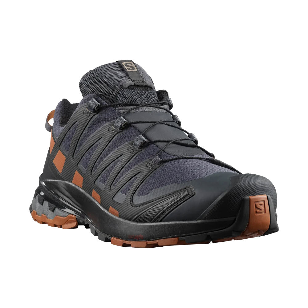 A single black and gray Salomon SALOMON XA PRO 3DV8 GTX EBONY/CARAMEL CAFE/BLACK trail running shoe with orange accents, featuring a rugged sole and a protective toe cap.