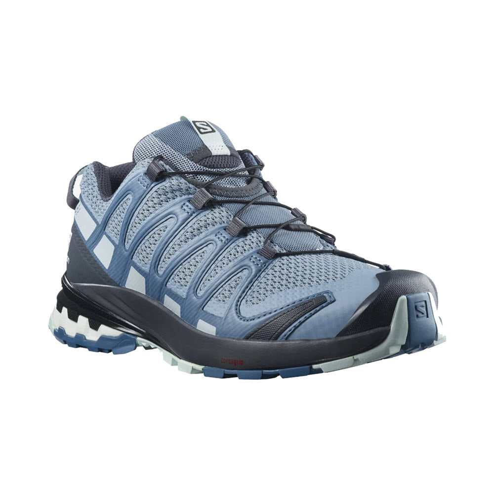 A single blue and gray Salomon XA Pro 3D V8 hiking shoe with quicklace system, displayed against a white background.
