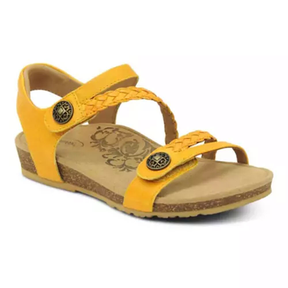 Yellow Aetrex Jillian Sunflower - Womens adjustable quarter strap sandal with braided straps and decorative buttons.