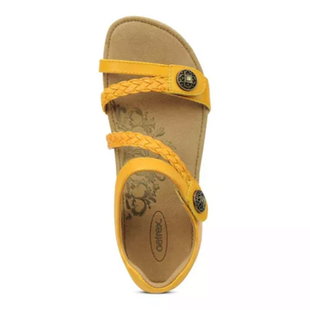 Yellow Aetrex Jillian Sunflower women&#39;s braided thong sandal with Aetrex arch support on a white background.