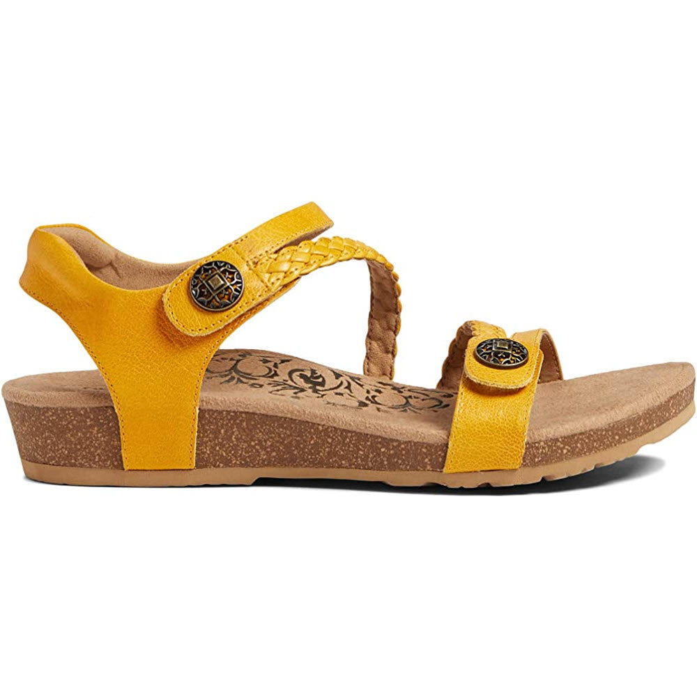 Yellow AETREX JILLIAN SUNFLOWER - WOMENS wedge sandal with decorative buckle, braided detail, and Aetrex arch support.