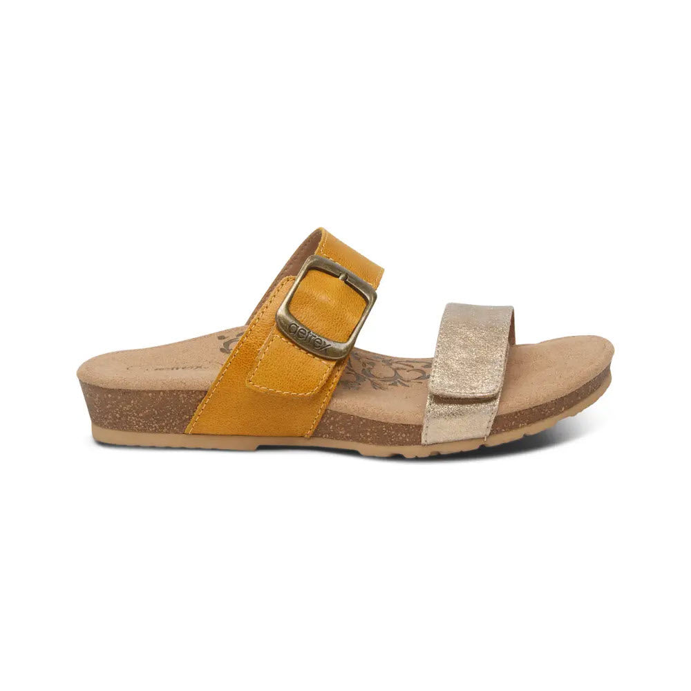 Aetrex Daisy Sunflower - Women&#39;s two-strap cork footbed leather sandals with a golden buckle and adjustable straps.