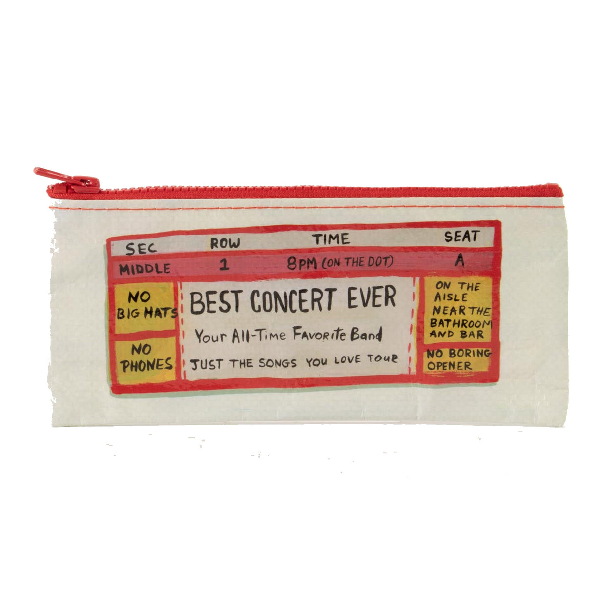 A cool BLUE Q pencil case designed to resemble a concert ticket with humorous details.