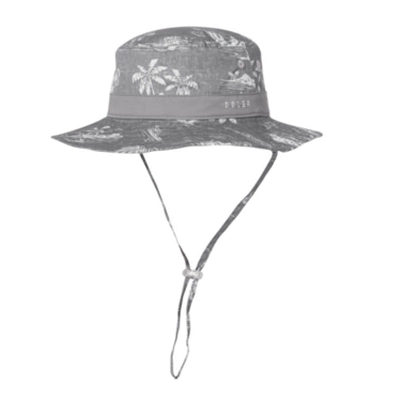 A grayscale image of a Millymook/Dozer DOZER RYDER BUCKET HAT GREY with a patterned surfer print and a chin strap.