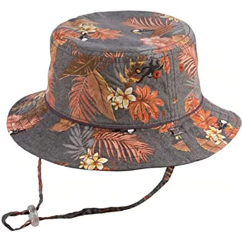 Floral patterned reversible DOZER TREY BUCKET HAT CHARCOAL with a chin cord and UPF protection by Millymook/Dozer.