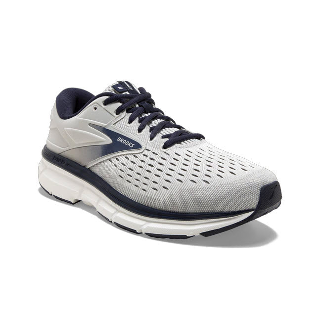 A grey and white Brooks Dyad 11 Antarctica/Grey/Peacock running shoe with black accents and laces, designed for cushioned comfort.