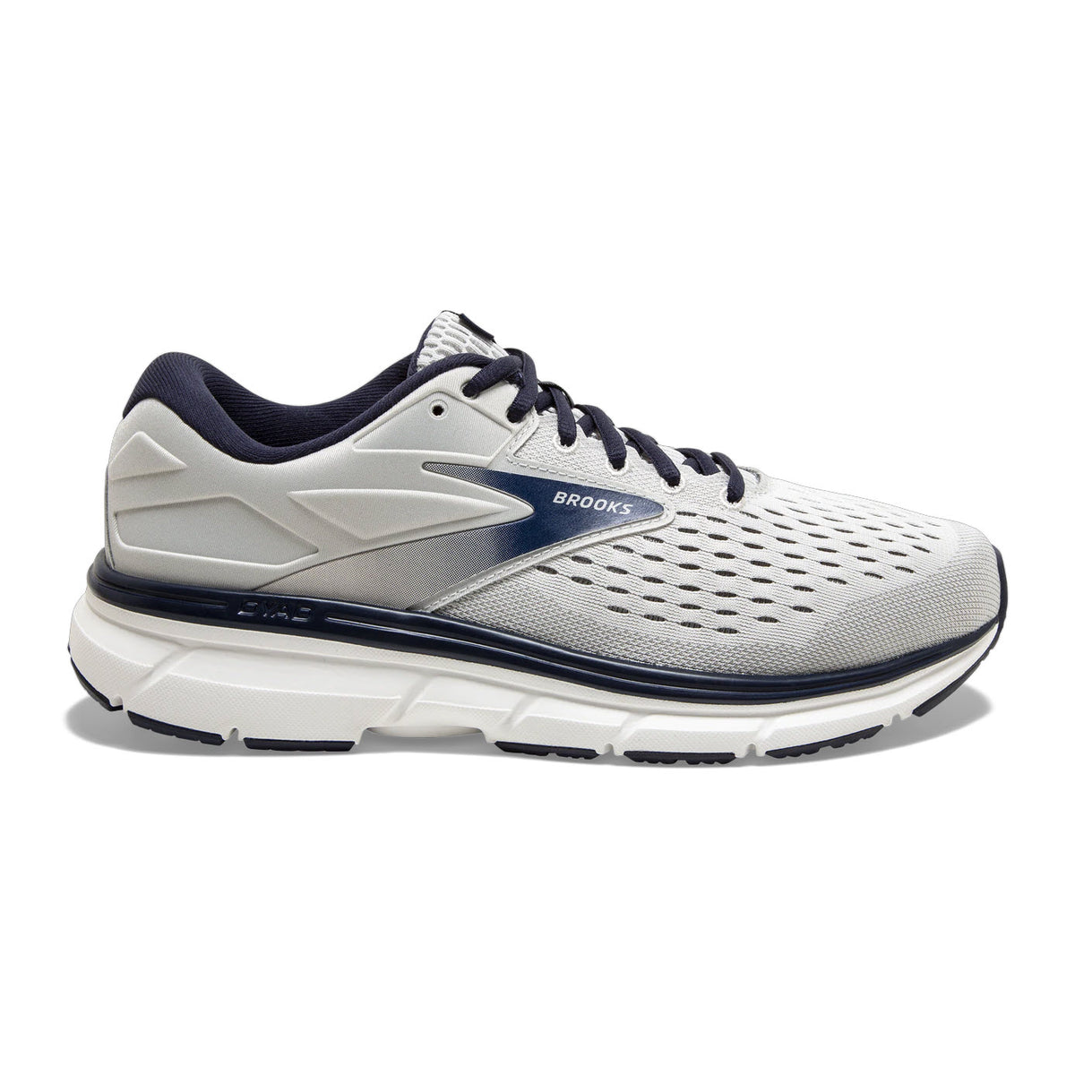 A single gray and white Brooks Dyad 11 Antarctica/Grey/Peacock running shoe, featuring cushioned comfort and the Brooks brand logo on it.