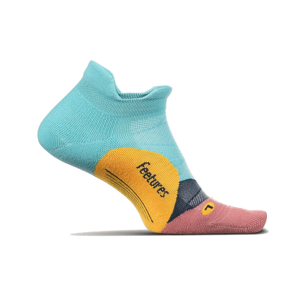 A single low-cut Feetures Elite Ultra Light No Show Tab Turquoise athletic sock with a color-block design and targeted compression, standing upright on a white background.