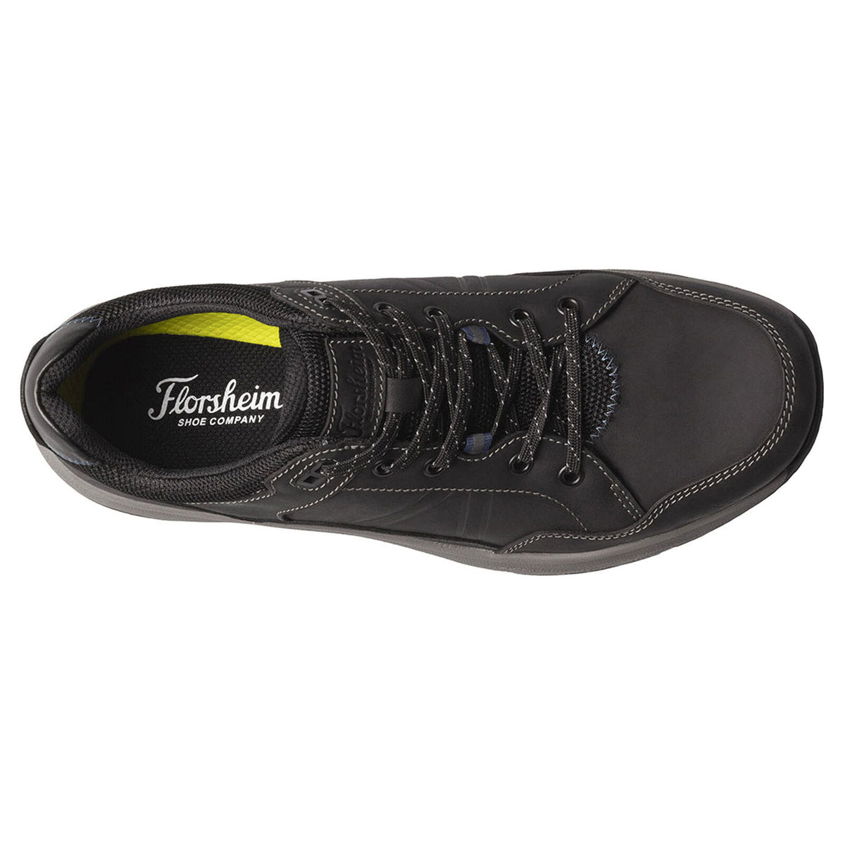 A single FLORSHEIM TREAD LITE MOC LACE BLACK - MENS shoe, featuring a Comfortech footbed and viewed from above.