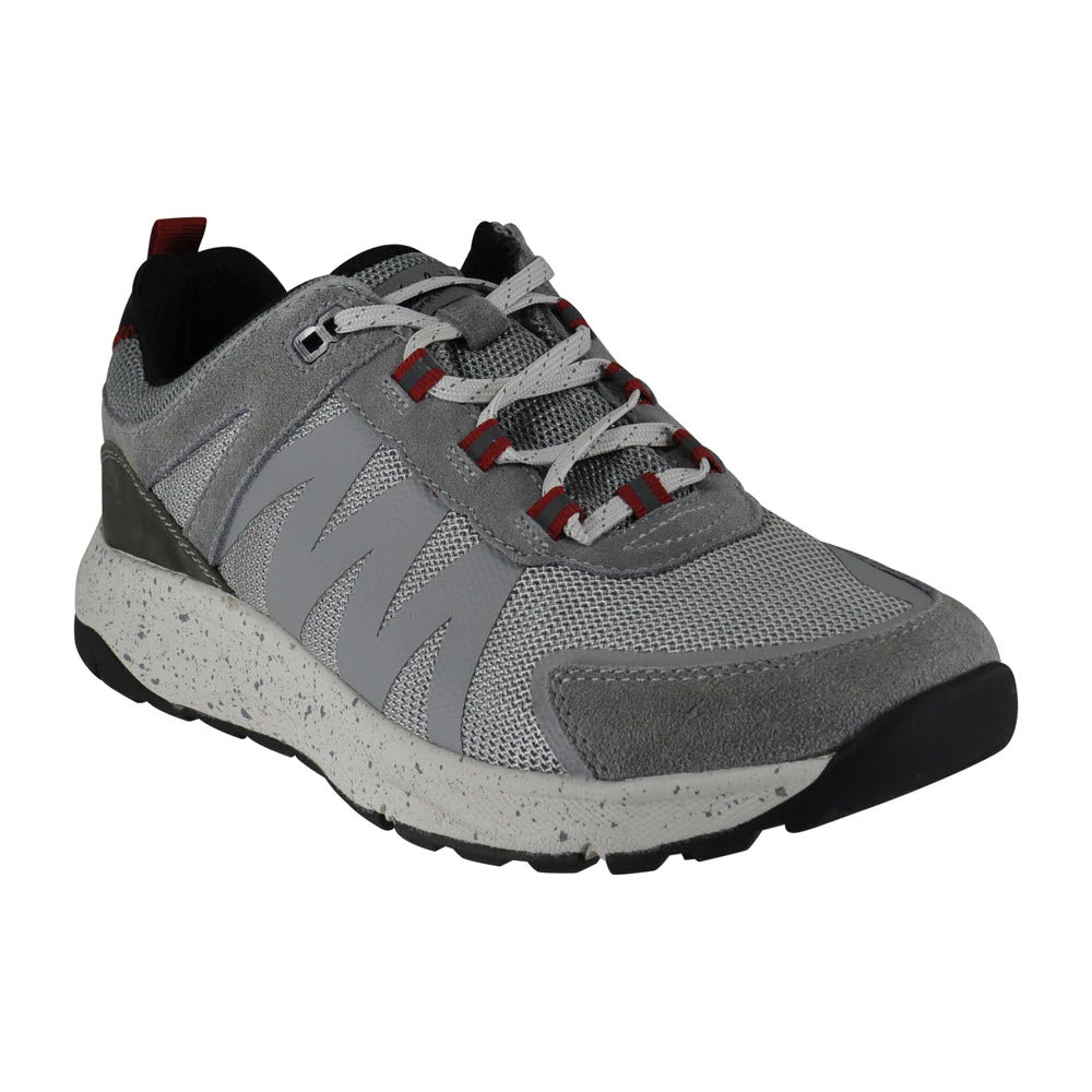 A Florsheim Tread Lite Mesh Lace Gray athletic shoe featuring red laces, a speckled sole, and a lightweight design.