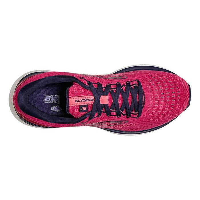 Top view of a single pink and purple Brooks Glycerin 19 Barberry running shoe designed for a neutral gait.