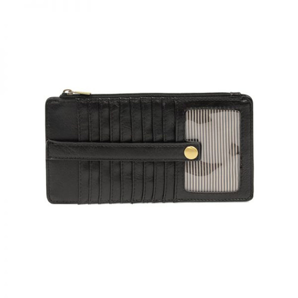 Joy Susan Kara Mini Wallet in Black vegan leather with striped card slot and gold snap closure.