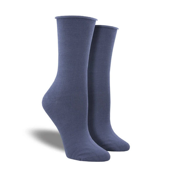 A pair of blue Socksmith bamboo crew socks displayed upright against a white background.