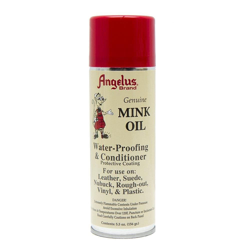 A can of F.L. Inc brand ANGELUS MINK OIL SPRAY aerosol version leather conditioner and protective coating for various types of leather and vinyl.