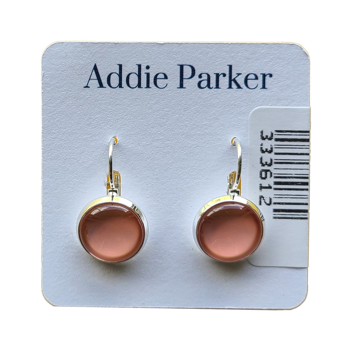 Silver-plated stud earrings with pink circular insets on a branded Addie Parker card. 
Product Name: ADDIE PARKER EARRINGS CORAL SOLID
Brand Name: Addie Parker
