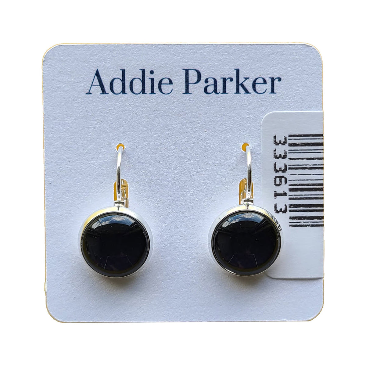A pair of round black, nickel free Addie Parker earrings displayed on a white card with the name &quot;Addie Parker&quot; printed at the top.