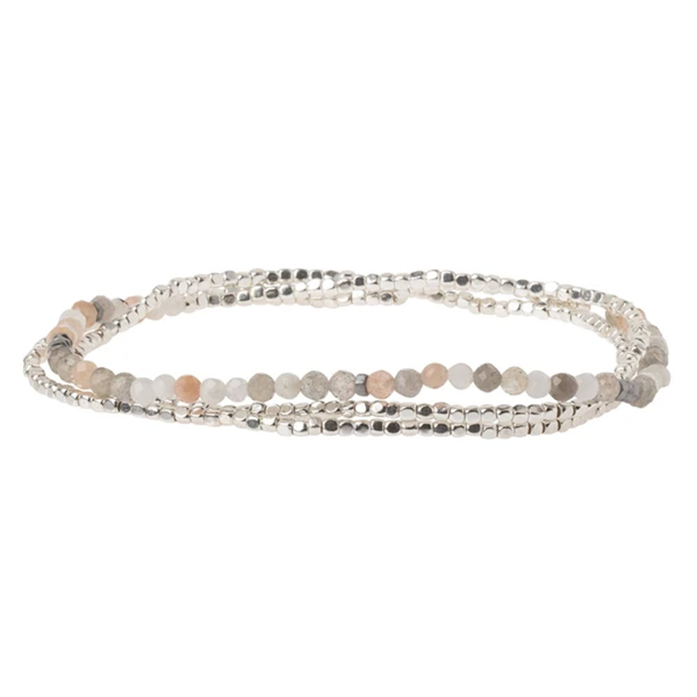 SCOUT DELICATE STONE WRAP BRACELET MOONSTONE bracelet with a mix of silver-toned and neutral-colored moonstone beads on a white background.