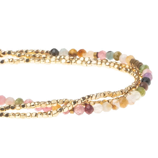 SCOUT DELICATE STONE WRAP BRACELET TOURMALINE/GOLD with gold-tone beads and assorted semi-precious gemstone beads.