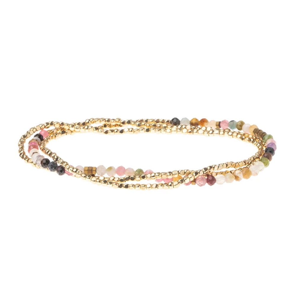 SCOUT DELICATE STONE WRAP BRACELET TOURMALINE/GOLD with assorted colors and semi-precious gemstone beads on a white background.
