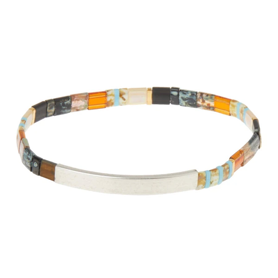 Multicolored Scout Miyuki tile bead headband with a silver-tone metal accent.