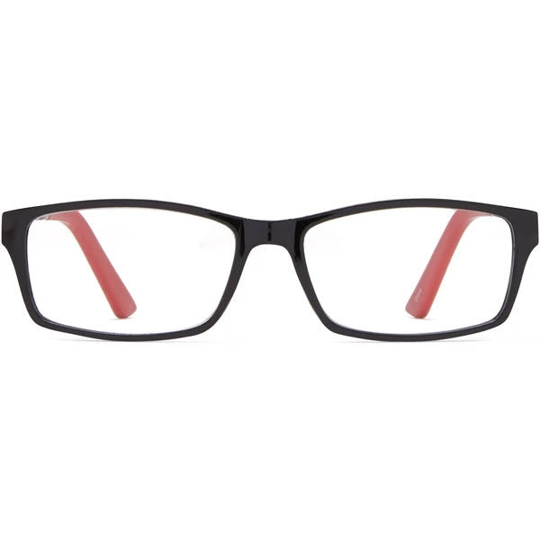Black rectangular eyeglasses with red accents on the inside of the arms.
Product: ICU READING GLASSES PARKER BLACK/CHEETAH
Brand: ICU EYEWEAR