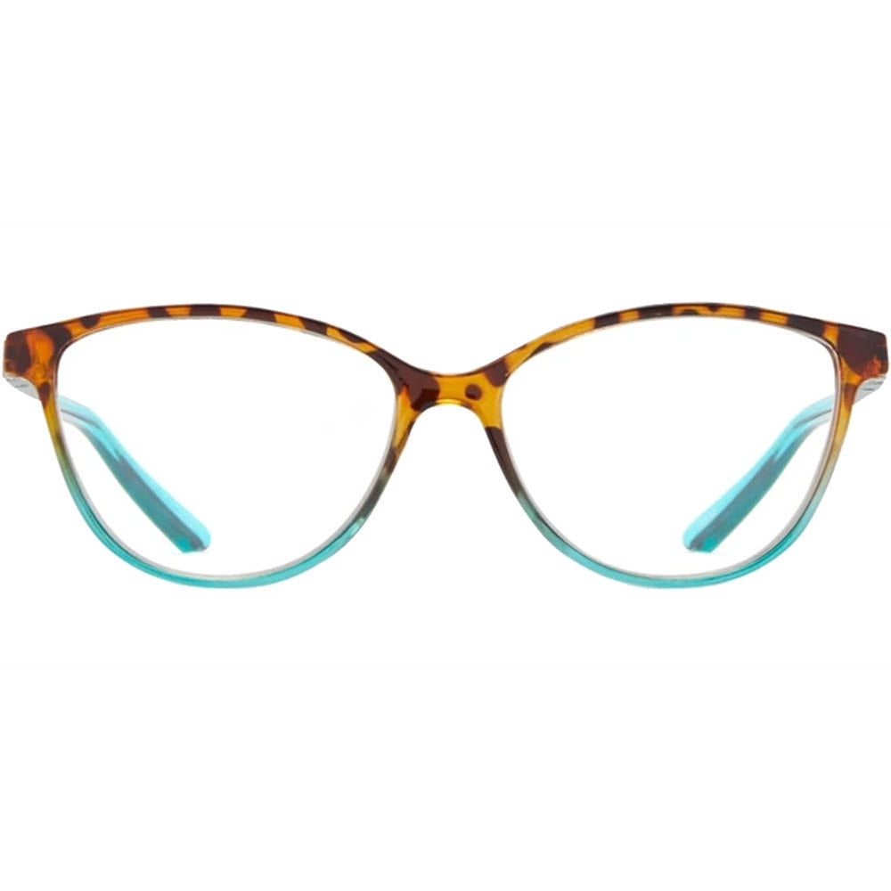 ICU Eyewear Tortoiseshell patterned eyeglasses with blue interior trim on a white background.