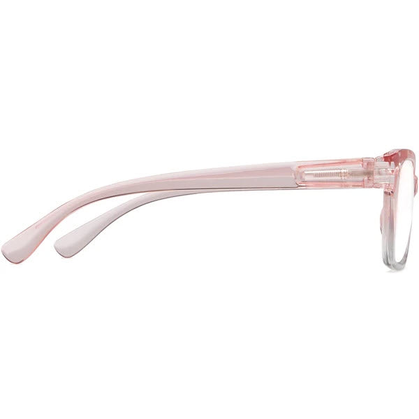 Close-up of an ICU Eyewear Blush Oval crystal frame featuring a translucent pink eyeglass arm.