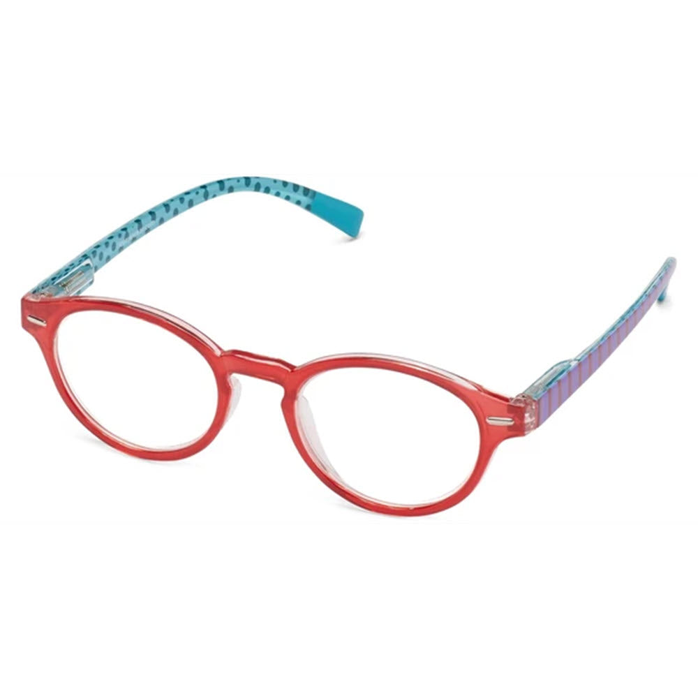 ICU EYEWEAR round-frame glasses in red with patterned temples on a white background.