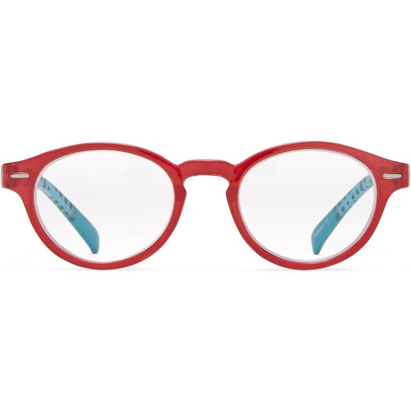 ICU Eyewear red round-frame eyeglasses against a white background.