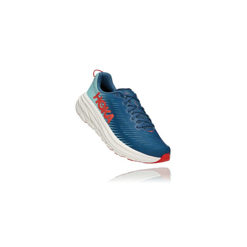 Blue and white HOKA Rincon 3 running shoe with red accents, featuring lightweight cushioning.