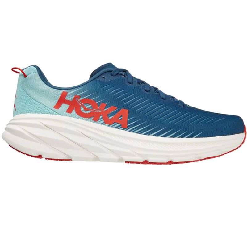 Blue and white Hoka Rincon 3 Real Teal/Eggshell Blue running shoe with red branding logo, featuring lightweight cushioning.