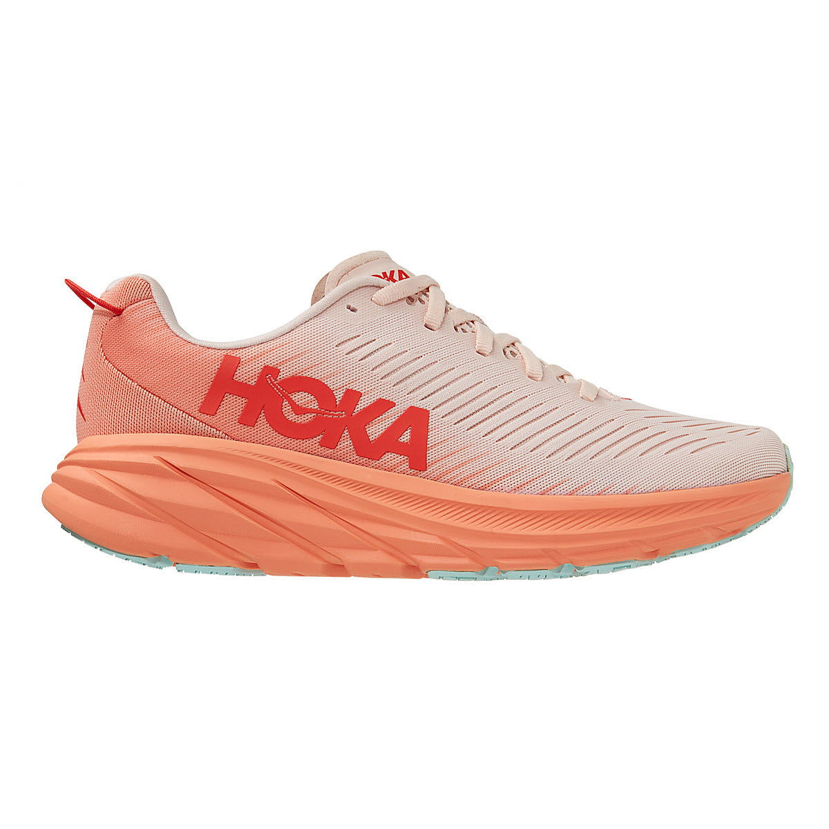 A side view of a coral-colored Hoka Rincon running shoe with light midsole foam. 
would become:
A side view of a coral-colored HOKA ONE ONE RINCON 3 SILVER PEONY/CANTALOUPE - WOMENS running shoe with light midsole foam.