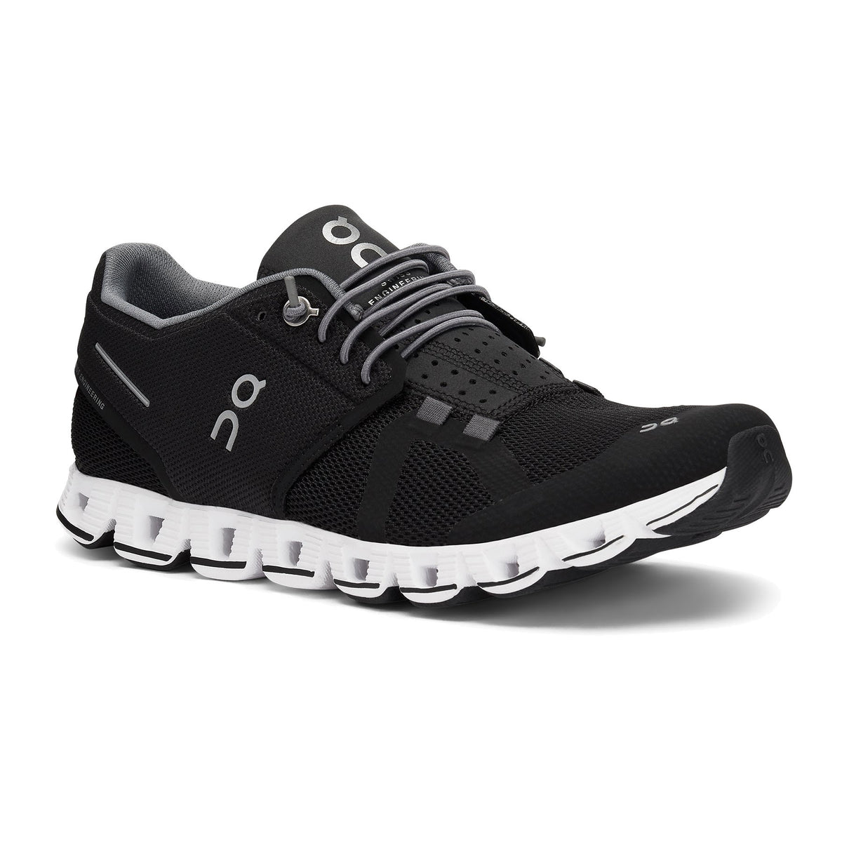 ON RUNNING CLOUD BLACK/WHITE - WOMENS running shoe with white sole.