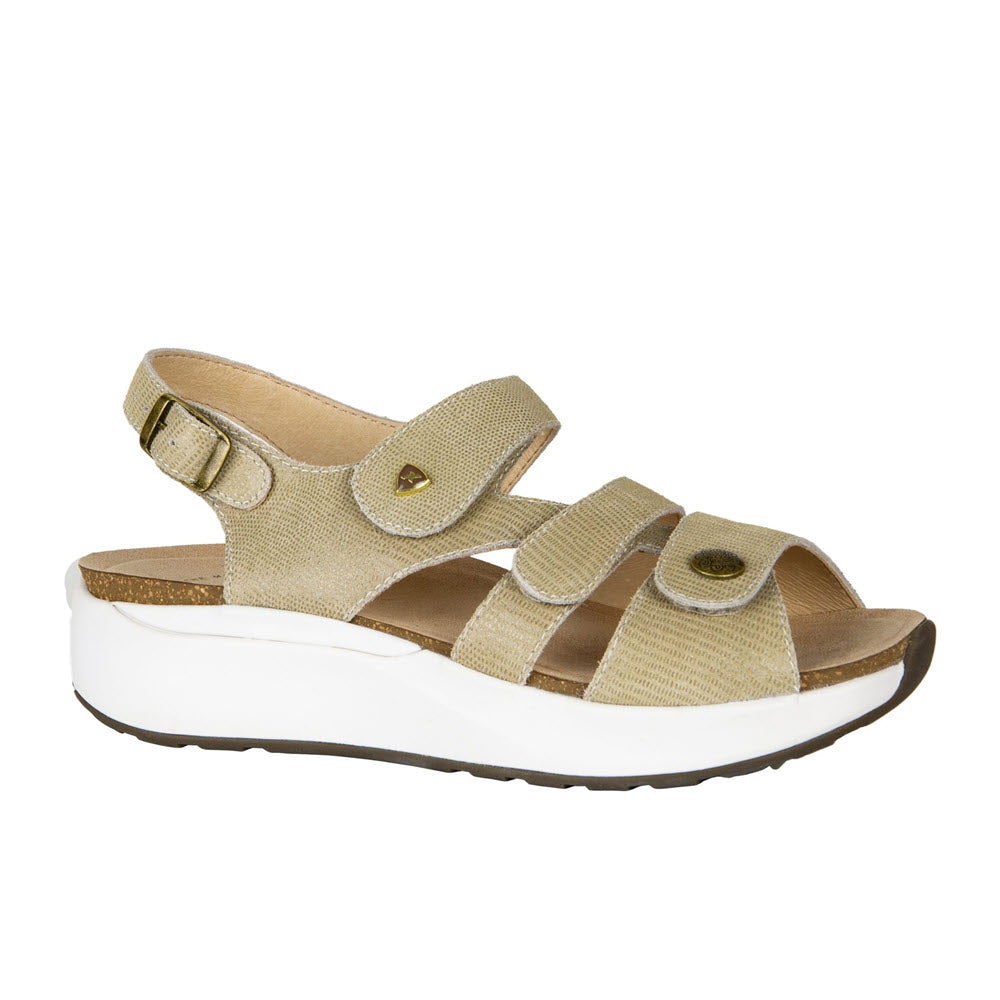 Xelero Mykonos Champagne Embossed Leather - Womens strappy sandal with velcro fastening and white, slip-resistant sole.