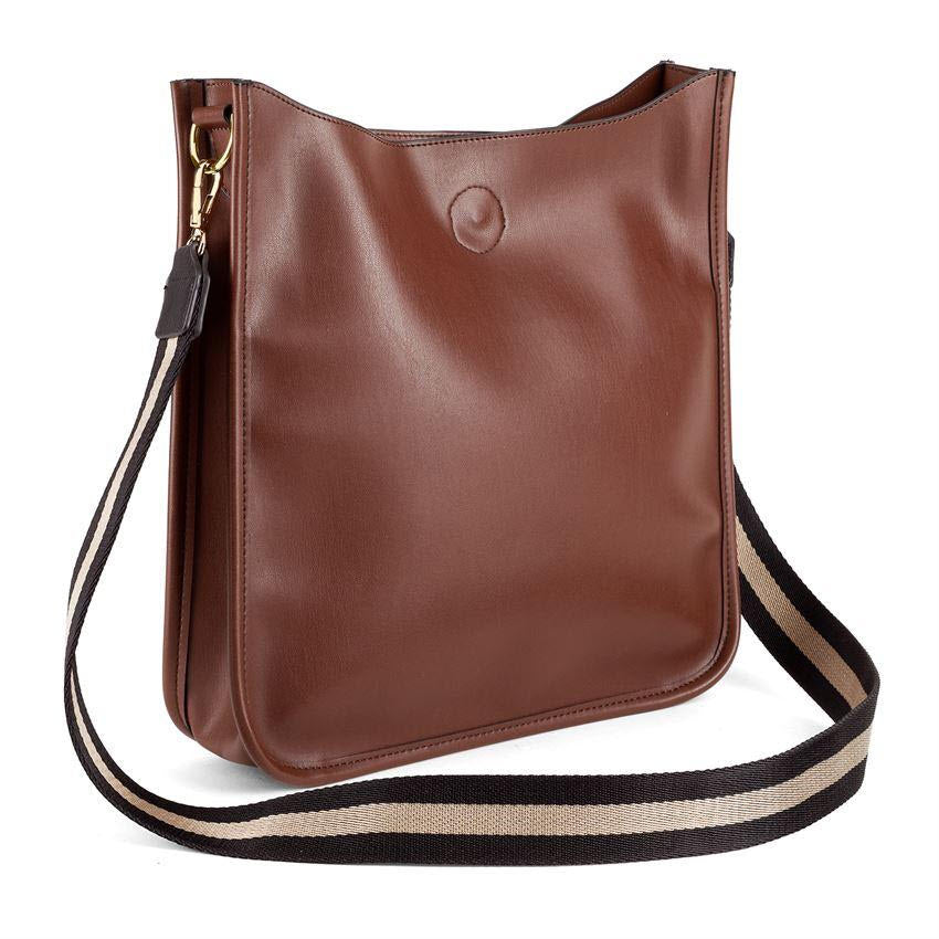 Brown vegan leather COCO &amp; CARMEN CONTRAST STRAP MESSENGER CHOCOLATE shoulder bag.