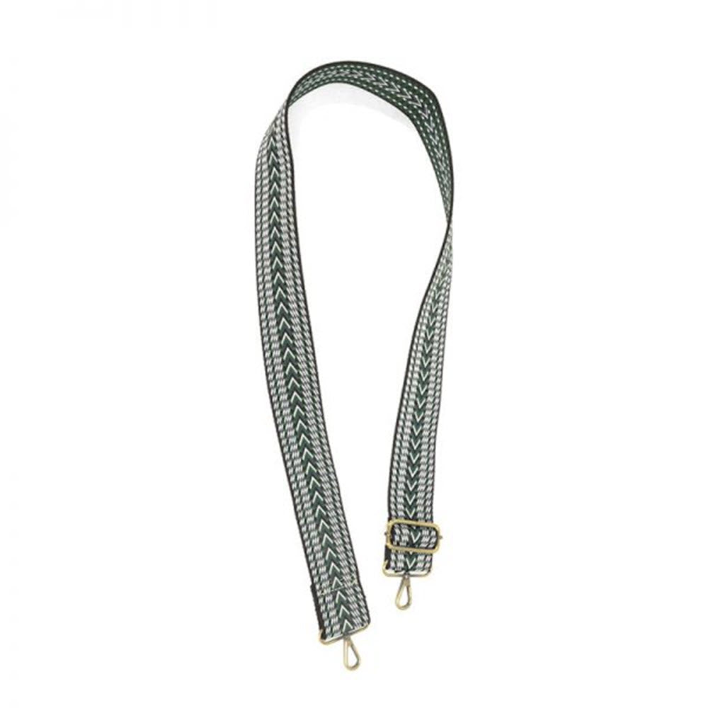A Joy Susan Guitar Strap Rust Chevron Green/Natural with embroidered boho patterns and metal clasps against a white background.