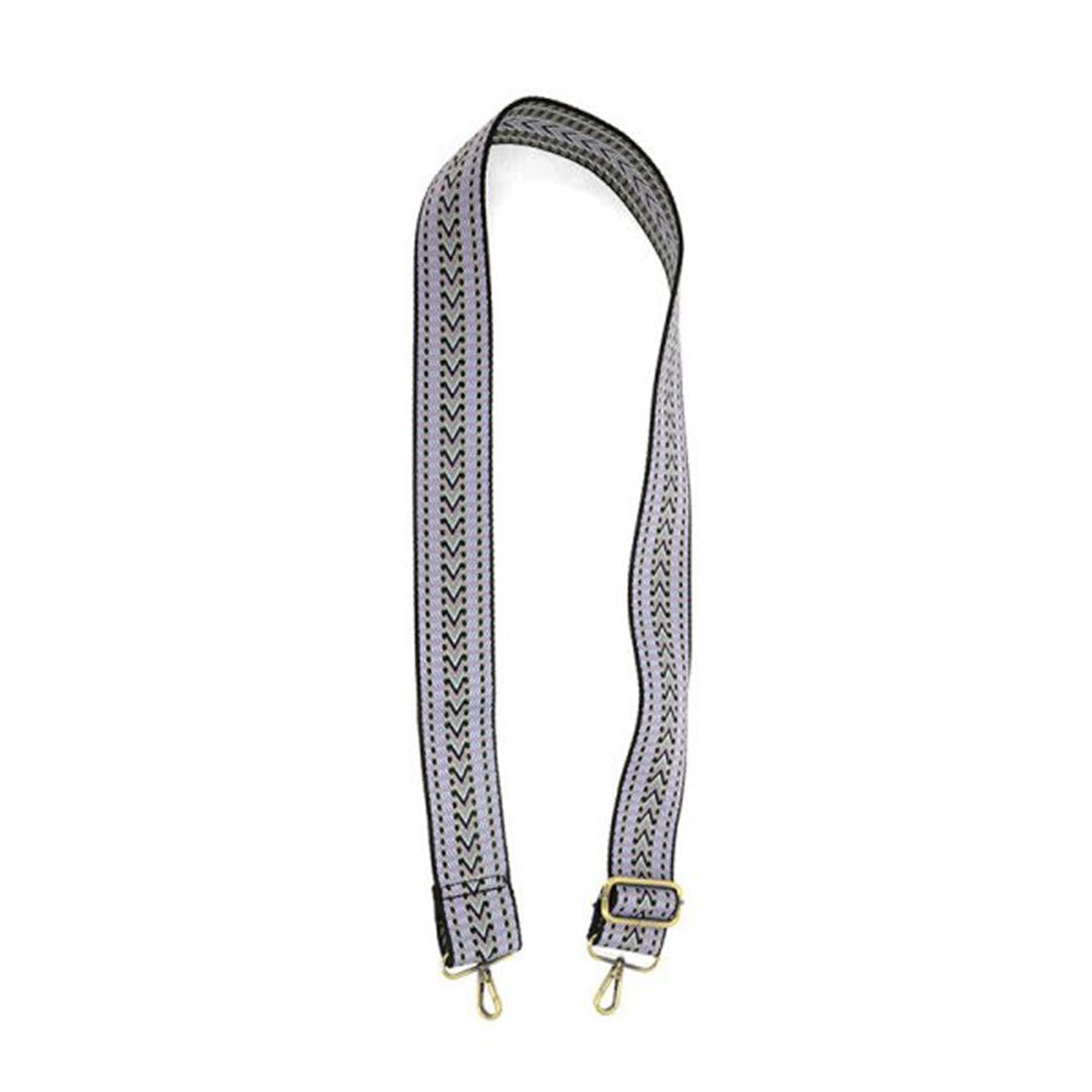 Adjustable Joy Susan guitar strap with chevron periwinkle patterns and metal clasps.