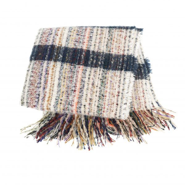 Plaid woven Joy Susan Multi Slub Scarf in Ivory/Blue with fringe on a white background, perfect for casual comfort during a cold-weather outing.