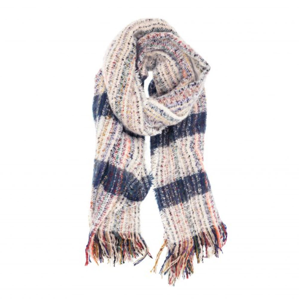 A Joy Susan Multi Slub Scarf in Ivory/Blue with plaid knitted design and fringe, presented on a white background.