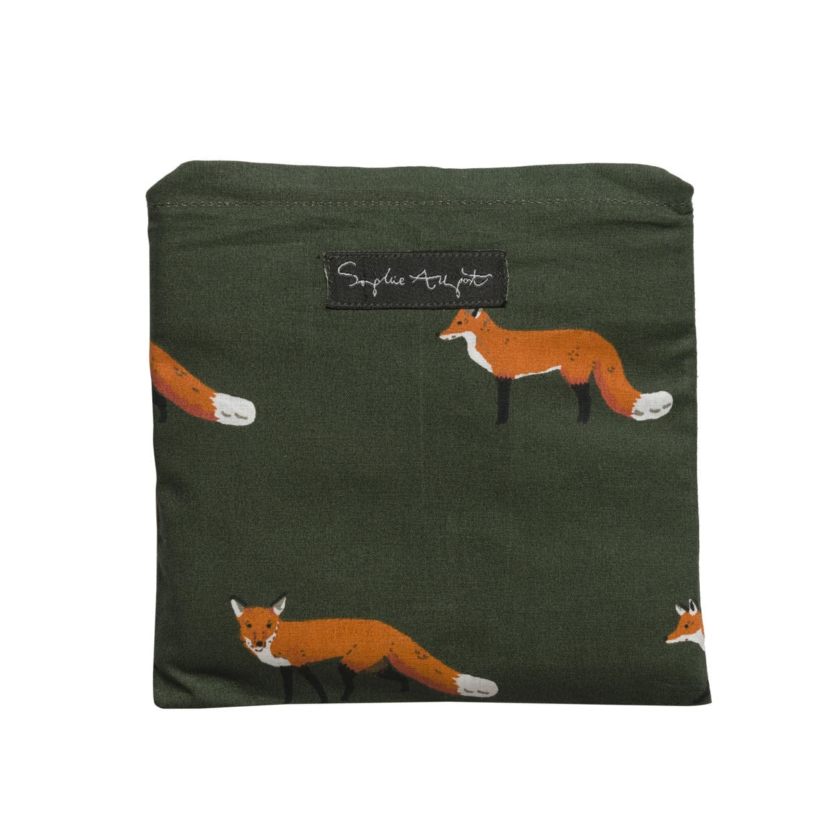 Forest green fabric pouch with copper Sophie Allport foxes print design.