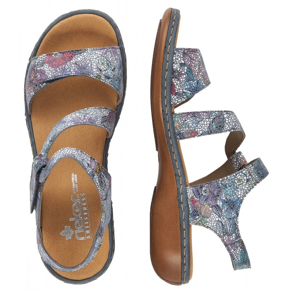 A pair of Rieker Comfort Z Strap Sandal Blue Floral summer sandals with adjustable Velcro straps, viewed from above and from the side.