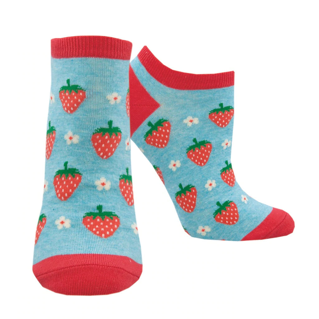 A pair of blue and red SOCKSMITH STRAWBERRY FLORAL socks.