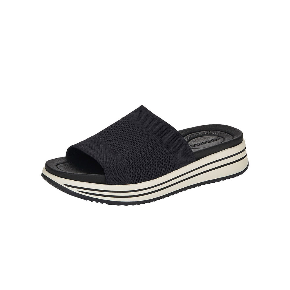 Comfortable black and white Remonte ATHLEISURE KNIT SLIDE platform sandal on a white background.