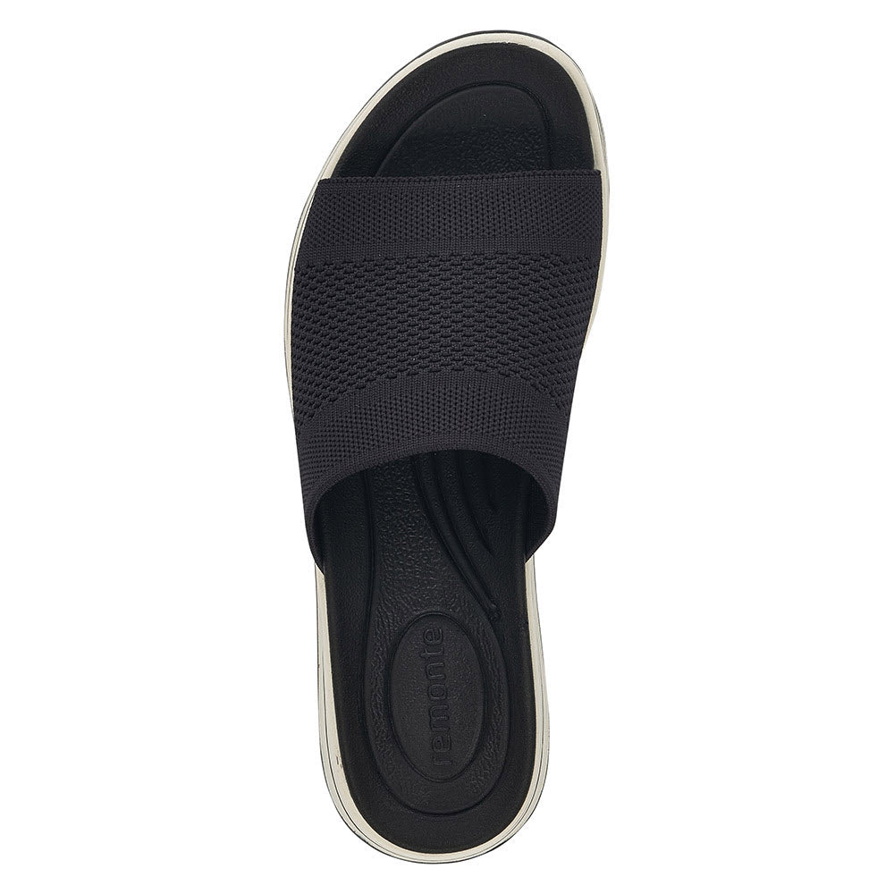Top view of a Remonte black slide sandal with a single wide strap, featuring a memory foam insole.