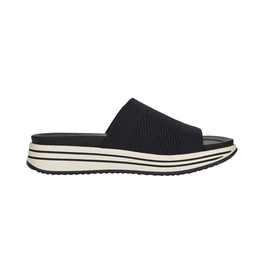 A black Remonte ATHLEISURE KNIT slide sandal with a mesh strap and a striped sole, featuring a comfortable memory foam insole, displayed against a white background.