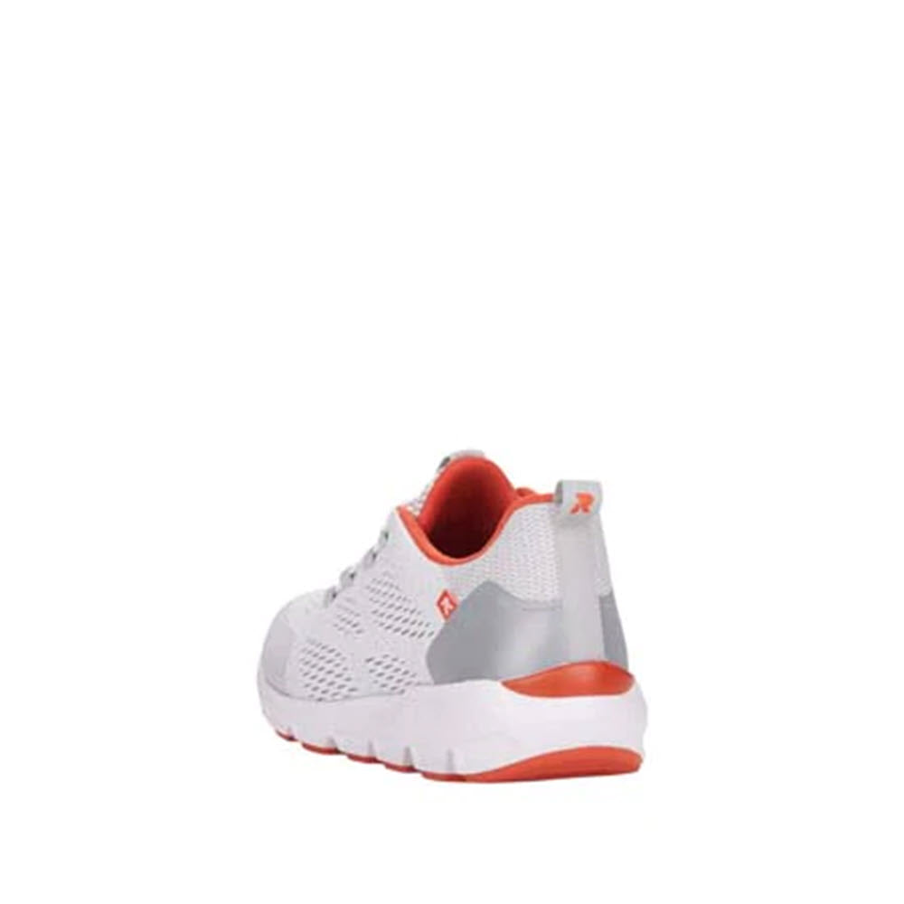 Side view of a gray and orange Revolution Chunky Mesh Walker athletic shoe against a white background.